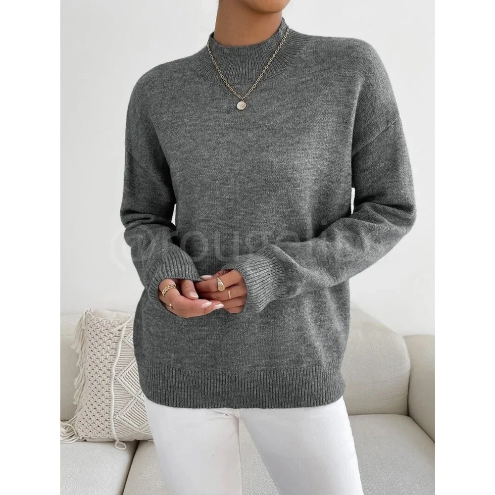 Grey Turtleneck Knit Pullover Sweater Long Sleeve - Picture 5 of 7